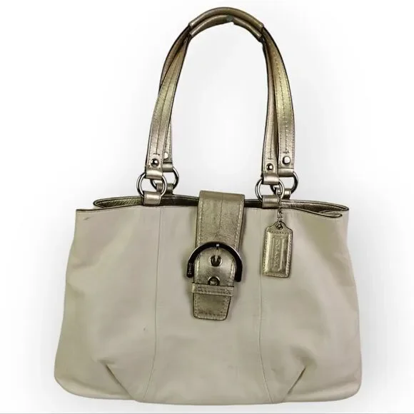 VTG COACH PEARL OFF WHITE GOLD GENUINE LEATHER SHOULDER BAG HANDBAG PURSE TOTE - Picture 6 of 13